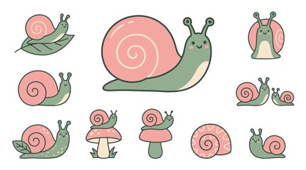 Whimsical cartoon snail character set with pink shells. © bahriri