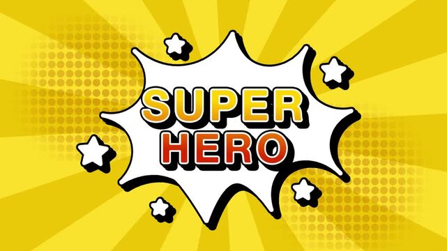 Super Hero text word lettering popup comic cartoon reveal with bomb and smoke explosion manga anime book page dots with radial speed lines doodle yellow background with seamless loop animation retro