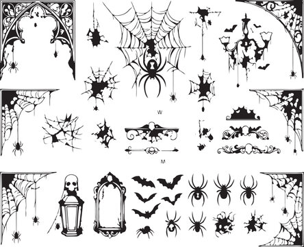 Gothic halloween silhouette elements set including spider webs bats lantern and spooky borders vector illustration