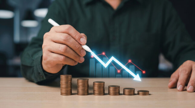 Inflation global economic crisis downward arrow money growth symbolizing global inflation economic crisis. Loss graph impact. bankruptcy recession stock, debt financial investment, cost risk price