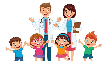Fototapeta premium doctor and kids waving, friendly medical team, healthcare concept, illustration