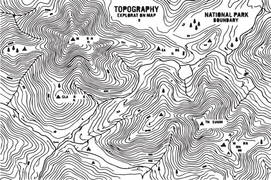 Black and white topographic map vector illustration with contour lines for mountain exploration and hiking trail path