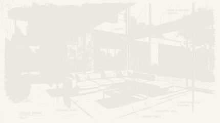 Fototapeta premium Modern Living Room Sketch with Large Windows and Sectional Sofa