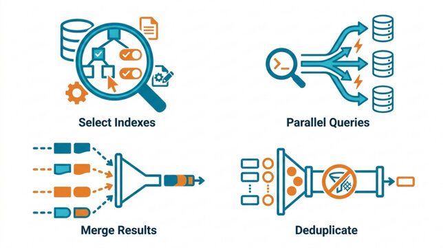 The RJ_HDC6YF_VF diagram illustrates database query processing with indexing, merging results, and deduplication.