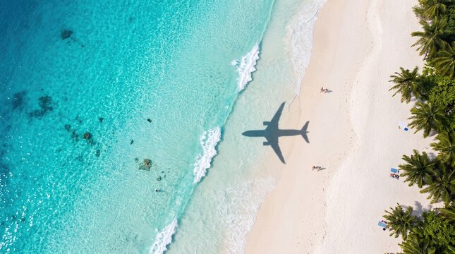 Tropical beach travel concept with airplane shadow over turquoise sea