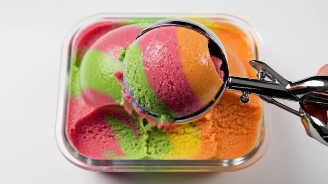 A metal ice cream scoop lifts a colorful swirl of rainbow sherbet from a glass container, showcasing vibrant fruity layers.