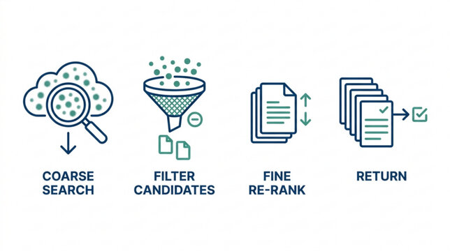 The process of filtering candidates through coarse search, fine re-rank, and return steps.