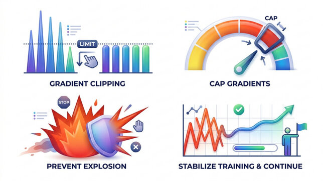 Graphic illustrations show business data visualization with stabilizer and explosion prevention