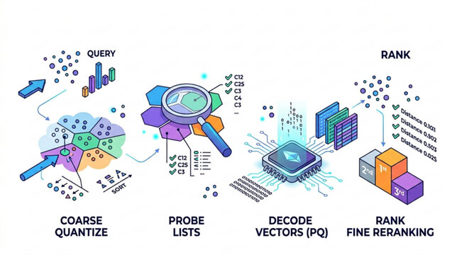 A detailed illustration of a data processing system with various colorful components and text labels for coarse quantization, probe lists, decode vectors, and ranking.