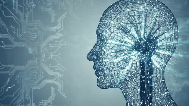 Dynamic 3d wireframe human head rotating with glowing neural network and digital circuit background in futuristic tech animation
