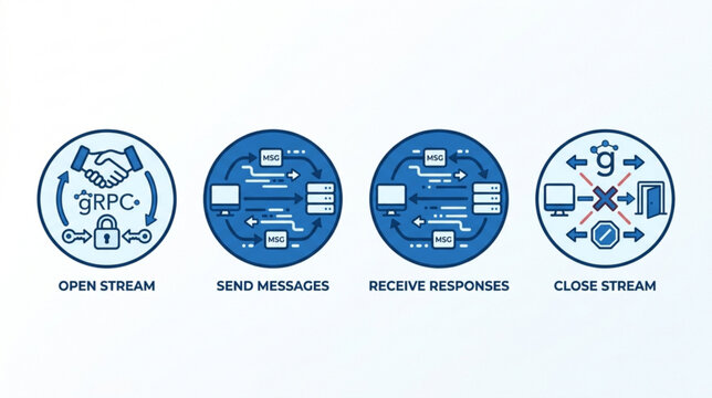 The system illustrates a communication process through four stages of sending and receiving data.