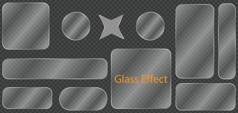 Selection preview of a dark, textured, semi-transparent glass-effect UI asset kit containing various button shapes, panels, and white circular icons, extracted from design