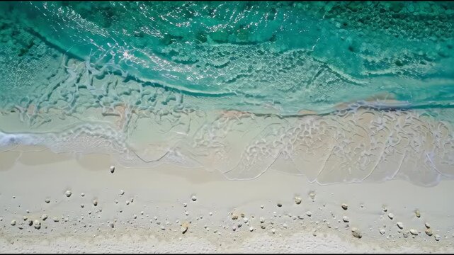 Turquoise ocean waves gently crash on a sandy beach with scattered pebbles