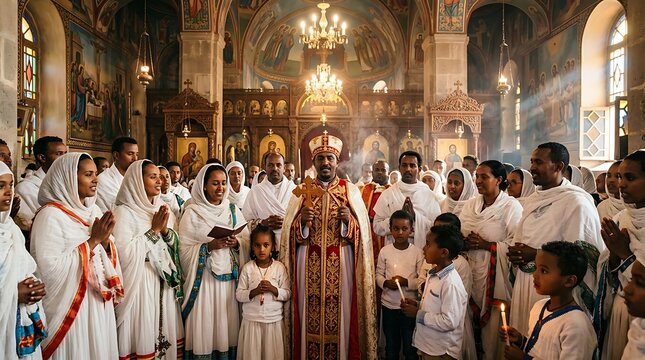 Ethiopian orthodox priest and congregation in traditional church