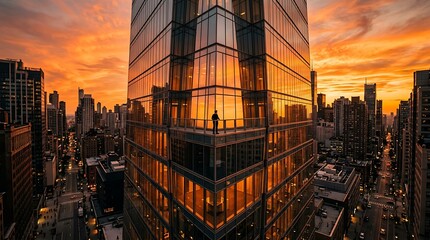 Plakat Businessman looking out from a skyscraper balcony at sunset