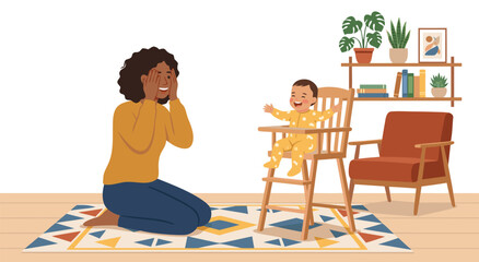 Fototapeta premium Happy Mother Playing Peekaboo With Her Baby Vector Illustration for Parenting and Family Life Concepts in a Cozy Home Setting