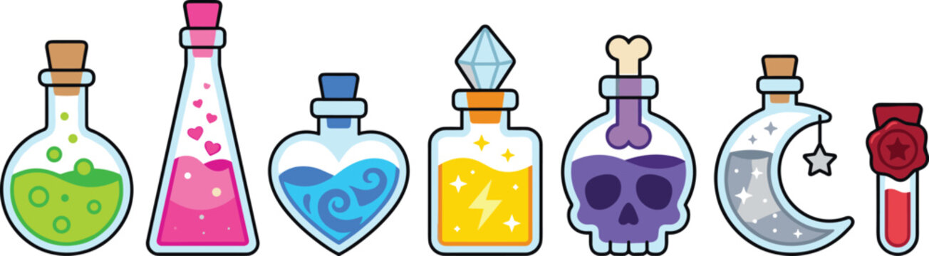 Magic Potion Bottle Vector Icon Set with Poison, Love, Mana, Lightning, Skull, Moon, and Elixir Flasks for Fantasy Game Asset Designs