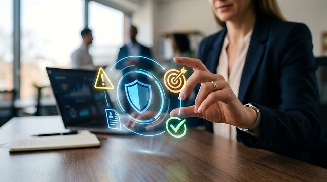 Businesswoman interacting with digital security icons on a desk in an office setting with laptop and notebook