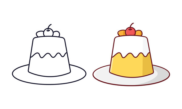 A cute children's illustration of a classic wobbly custard pudding or caramel flan served on a plate and topped with a single cherry, presented as a black-and-white outline next to a colored bright ye