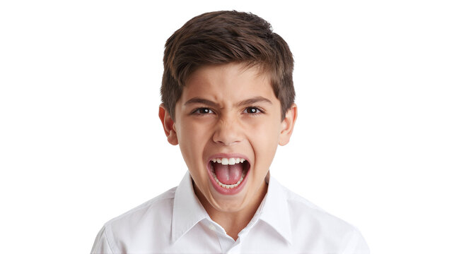 Boy shouting with an angry expression. Isolated image with transparent background. PNG file.