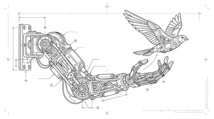Obraz premium Robotic Arm and Mechanical Bird Blueprint Illustration