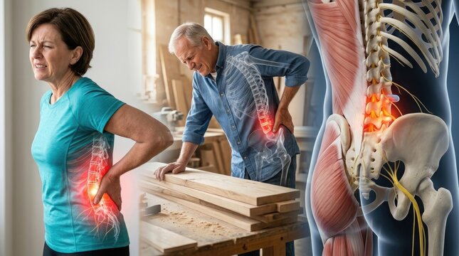 Human spine ailment: lumbar pain, acute ache, chronic discomfort, nerve compress, disc degeneration, vertebral disorder, sciatica symptom, posture strain, spinal pathology.