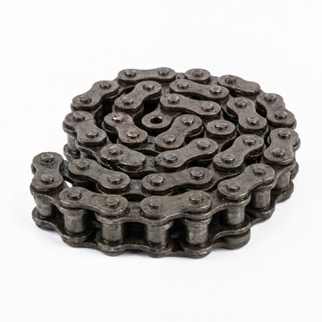 Heavy duty industrial roller chain segment isolated on white background.