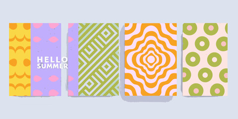 Obraz premium Retro style summer cards with geometric patterns and text vector illustration