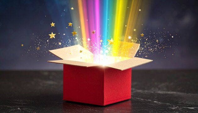 Red box with magical colorful beams and sparkles