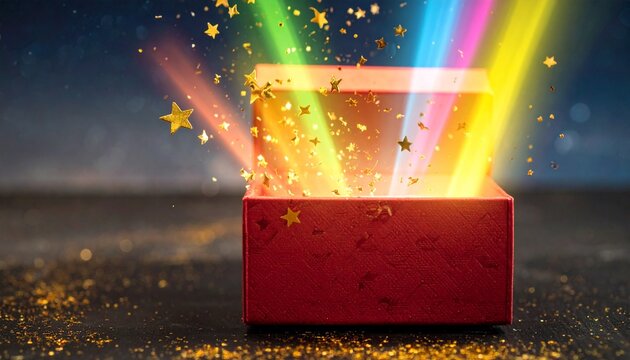 Red box with magical colorful beams and sparkles