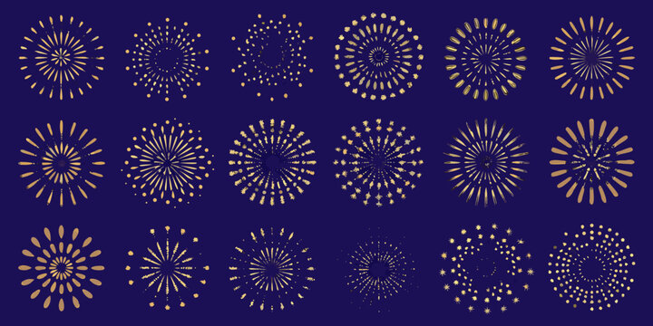 Golden Firework Burst Designs Vector Illustration On Dark Purple Background
