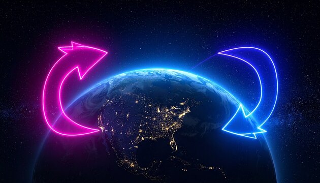 Earth with neon arrows symbolizing global connectivity and rotation