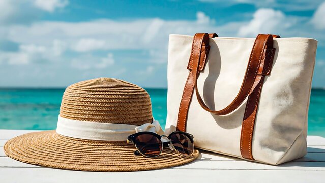 Beach vacation accessories with hat sunglasses and travel bag