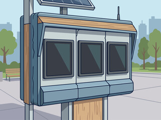 A municipal wireless access node with solar panels stands outdoors, displaying an offline status view. Modern design, clear composition, suitable for urban or tech-related visuals. © Vector Factory