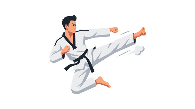 Martial Artist in Tae Kwon Do Uniform Kicking Forward on White