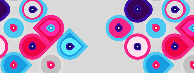 Fototapeta premium Abstract pattern features colorful eyes, circles, squares. Shapes overlap, creating vibrant, playful design. Background is light gray.