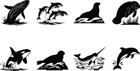 Marine Mammal Silhouette Bundle Featuring Whale Dolphin Orca Narwhal Sea Lion Seal and Manatee Illustrations © GeetaRani