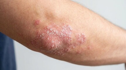 Fototapeta premium Autoimmune psoriasis flare: elbow plaque, red rash, dry scale, itchy patch, dermatology condition, flaky epidermis, painful inflammation, eczema symptom, chronic disease, human body.