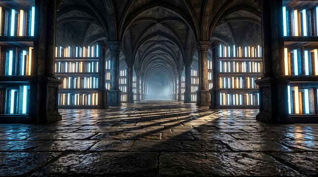Mystical gothic library with glowing neon books in stone hall
