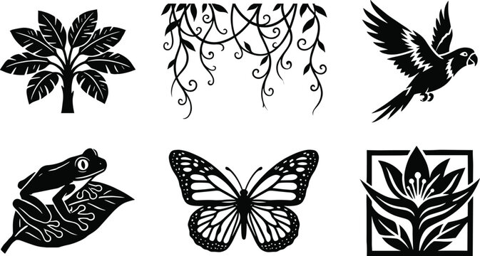 Nature Silhouette Bundle Featuring Tropical Tree Hanging Vines Parrot Butterfly Frog and Botanical Floral Elements