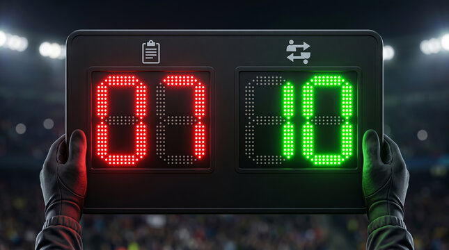Close up of hands holding a digital substitution board showing numbers seven and ten inside a blurred stadium at night