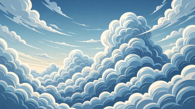 Layered cartoon clouds forming billowy sky scene at daytime
