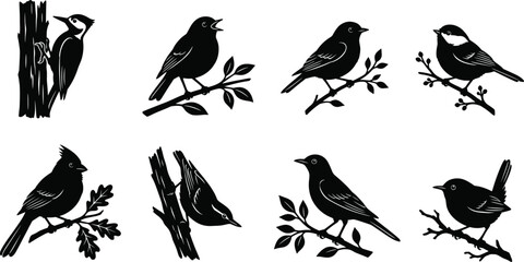 Woodland Bird Silhouette Bundle Featuring Woodpecker Robin Songbird Chickadee Nuthatch Thrush and Wren Illustrations © GeetaRani