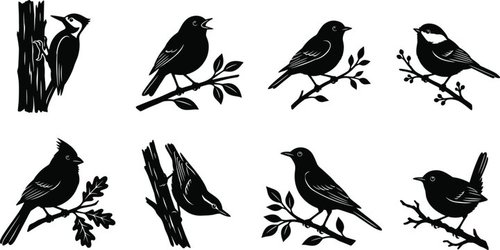 Woodland Bird Silhouette Bundle Featuring Woodpecker Robin Songbird Chickadee Nuthatch Thrush and Wren Illustrations