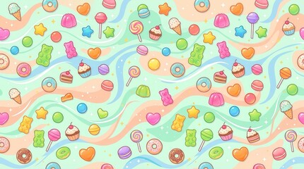 Naklejka premium Pastel background with various candies, donuts, cupcakes, and gummy bears in a fun pattern
