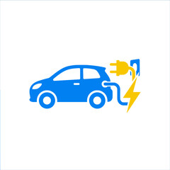 Naklejka premium A blue electric vehicle icon with a yellow charging plug symbol