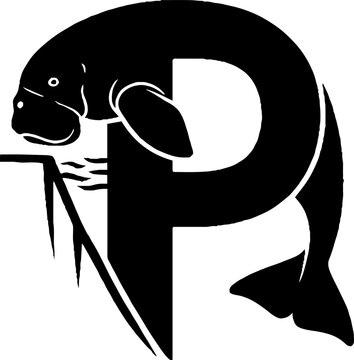 Black and white manatee shaped letter P design.
