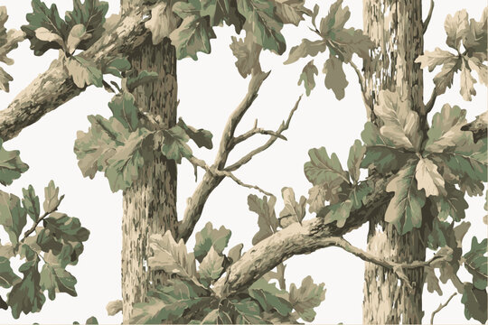 A close-up of a camouflage pattern with tree branches and leaves, designed for hunting or outdoor activities. hunting camouflage pattern. Real tree camouflage seamless pattern. Hunting camouflage.