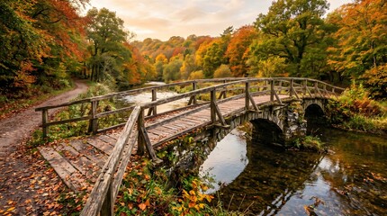 Autumn bridge over a serene river in a forest landscape © Elladine's Room