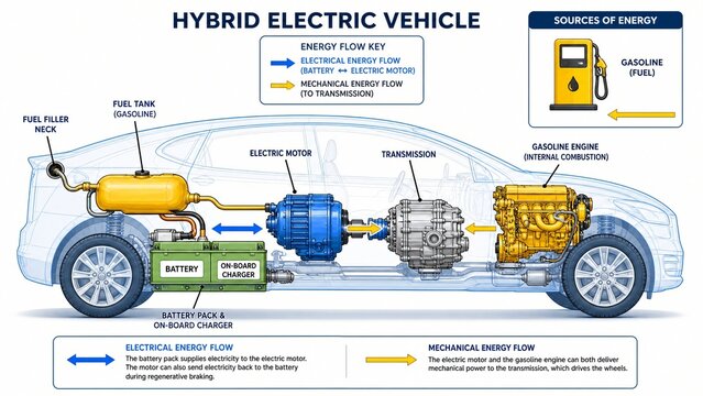 Hybrid Electric Vehicle Energy Flow Diagram Illustrating Components and Power Systems for Sustainable Transportation